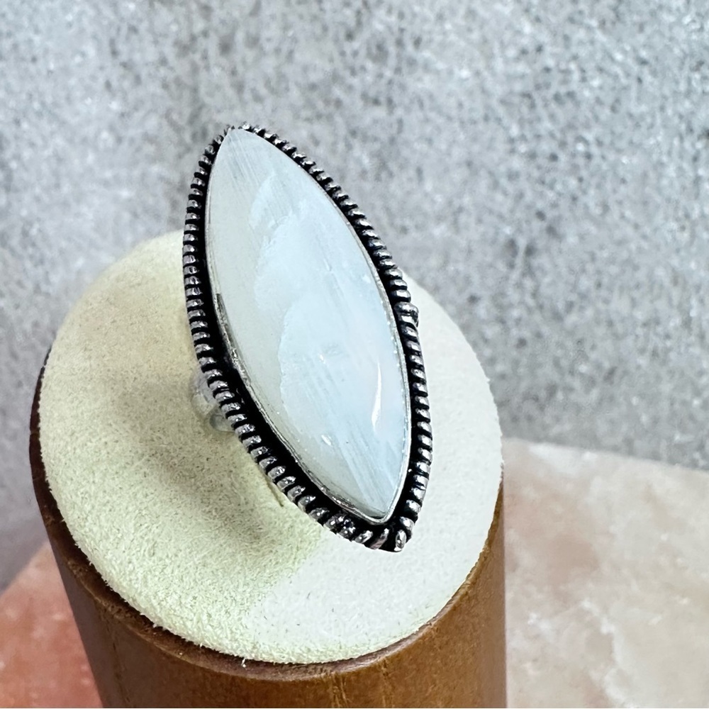 Hand Crafted Artisan Jewelry White SCOLECITE Marquise Stone Ring Rope Trim